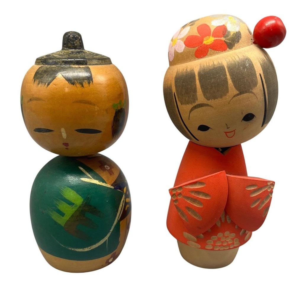 Vintage Japanese Kokeshi Dolls Set Hand Painted Wooden Folk Art‎  Japan